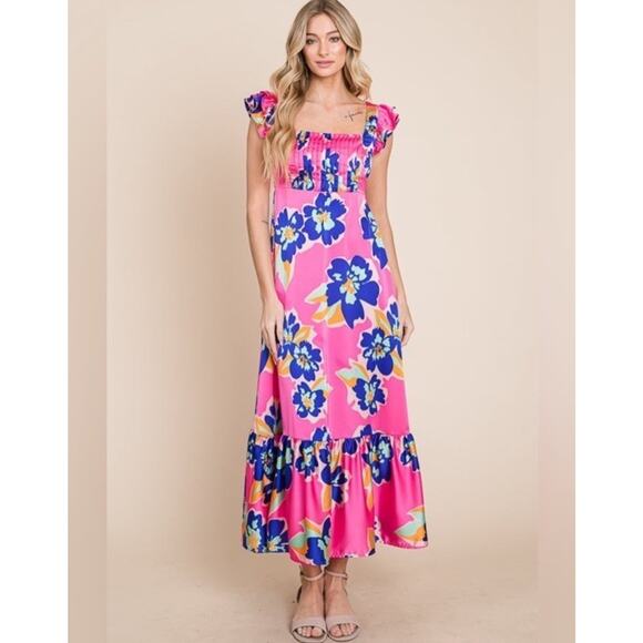 Vanilla Bay Dresses & Skirts - VANILLA BAY Colorful Floral Pleated Bodice Smocked Ruffle Midi Dress Sz S NWT